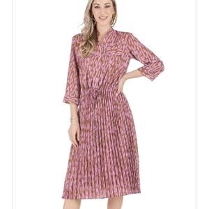 Jade Melody Tam M Pink Brown Pleated Shirtdress Midi 3/4 Sleeve Brush Strok
